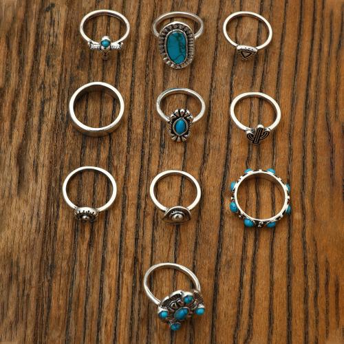 Ensemble d’anneau en alliage de zinc, avec turquoise, 10 pièces & bijoux de mode & pour femme, protéger l'environnement, sans nickel, plomb et cadmium, Vendu par fixé