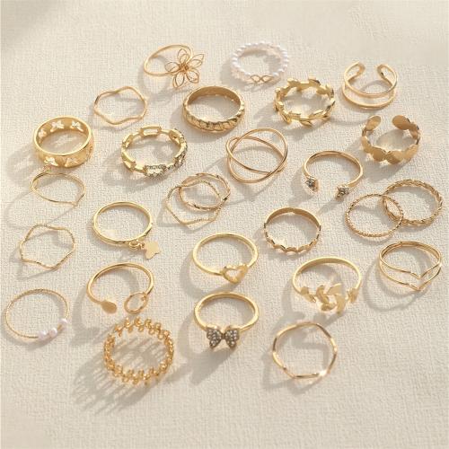 Finger Ring smykker, Jern, med Plastic Pearl & Zinc Alloy, forgyldt, 27 stk. & mode smykker & for kvinde & med rhinestone, flere farver til valg, nikkel, bly & cadmium fri, Solgt af sæt