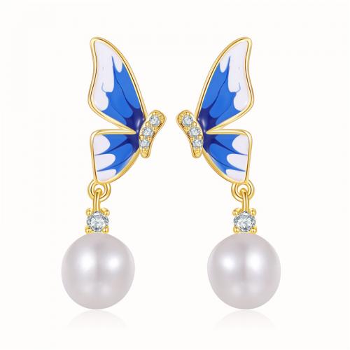 Cubic Zirconia Micro Pave Brass Earring, with Plastic Pearl, Butterfly, plated, micro pave cubic zirconia & for woman & enamel, golden, Sold By Pair