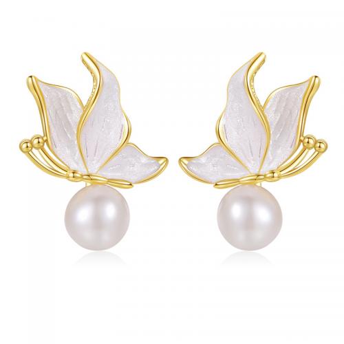 Messing oorbelknoppen, met Plastic Pearl, plated, voor vrouw & glazuur, gouden, Verkocht door pair