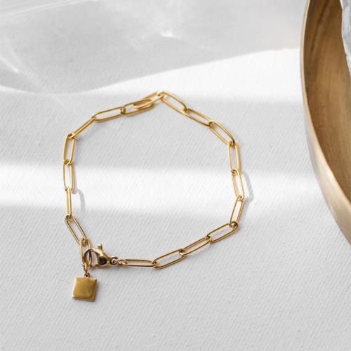 Partículas de aço pulseira, Quadrado, 18K banhado a ouro, joias de moda & para mulher, comprimento Aprox 5.9 inchaltura, vendido por PC