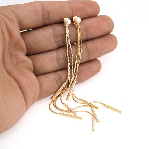 Fashion Fringe Earrings, Brass, with Plastic Pearl, Tassel, 18K gold plated, fashion jewelry & for woman, nickel, lead & cadmium free, 130mm, Sold By Pair