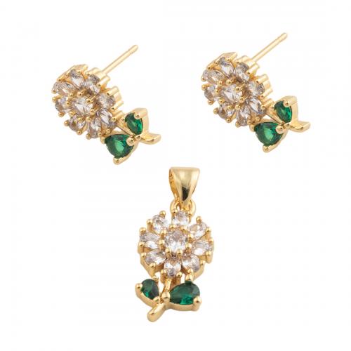 Brass Jewelry Set, Flower, fashion jewelry & micro pave cubic zirconia & for woman, golden, nickel, lead & cadmium free, pendant 17.5*9.5mm,  stud earring 14.5*9.5mm, Sold By PC