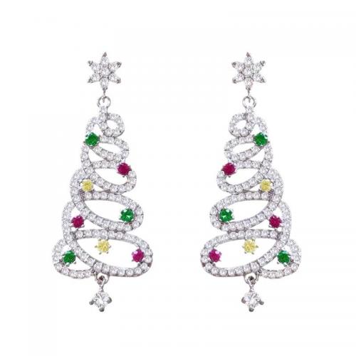Tibetan Style Drop Earrings, Christmas Tree, silver color plated, fashion jewelry & for woman & with rhinestone, mixed colors, nickel, lead & cadmium free, 35x60mm, Sold By Pair