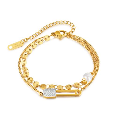 Stainless Steel Jewelry Bracelet, 304 Stainless Steel, with Plastic Pearl, with 65mm extender chain, Double Layer & micro pave cubic zirconia & for woman, gold, nickel, lead & cadmium free, Length:Approx 155 , Sold By PC