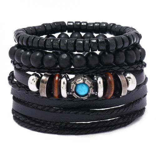 PU Leather Cord Bracelets, Tibetan Style, with turquoise & PU Leather, handmade, 4 pieces & Unisex, black, Sold By Set