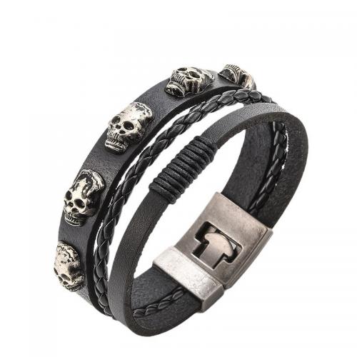 PU Leather Cord Bracelets, Tibetan Style, with PU Leather, handmade, Unisex, black, Length:Approx 21.5 cm, Sold By PC