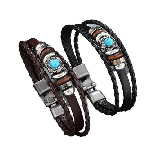PU Leather Cord Bracelets, Tibetan Style, with turquoise & PU Leather & Gemstone, handmade, Unisex & different styles for choice, more colors for choice, Length:Approx 21 cm, Sold By PC