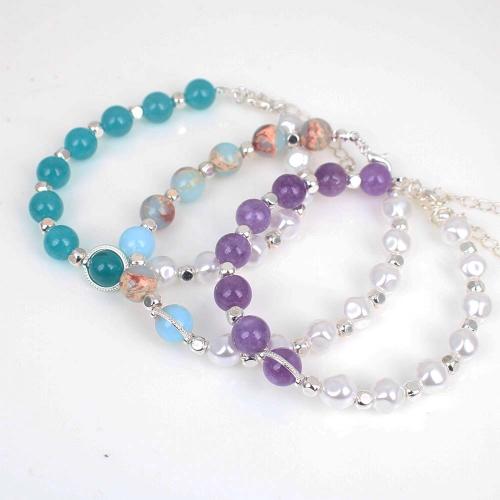 Gemstone Bracelets with Plastic Pearl & Zinc Alloy silver color plated fashion jewelry & Unisex Length Approx 18-19 cm Sold By PC