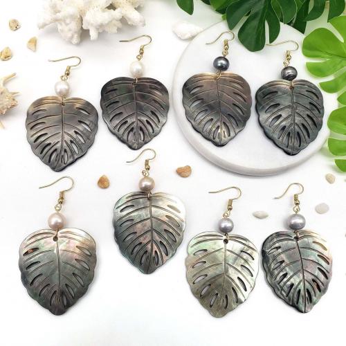 Shell Earrings Black Shell with Freshwater Pearl & Iron & Zinc Alloy Leaf gold color plated fashion jewelry & for woman & hollow 70mm Sold By Pair