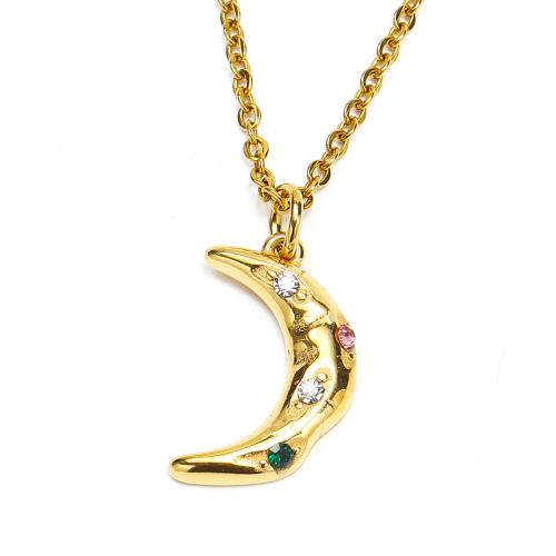 Titanium Steel Necklace, Moon, 18K gold plated, fashion jewelry & micro pave cubic zirconia & for woman, golden, 24x14mm, Length:Approx 45 cm, Sold By PC