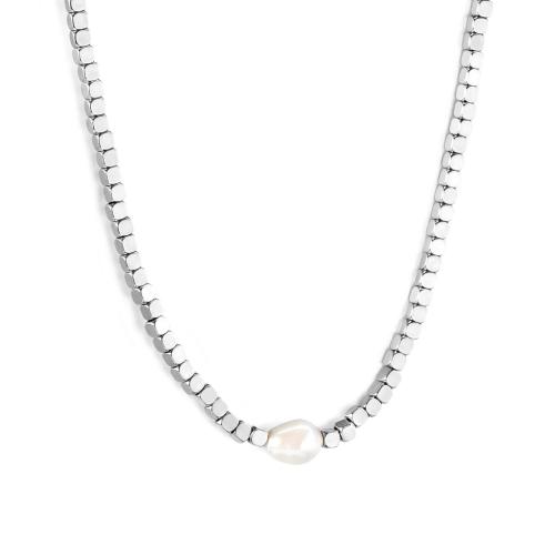 Stainless Steel Jewelry Necklace, 304 Stainless Steel, with Plastic Pearl, with 5cm extender chain, Vacuum Ion Plating, fashion jewelry & for woman, more colors for choice, 9.50x7.50mm, Sold Per Approx 41 cm Strand