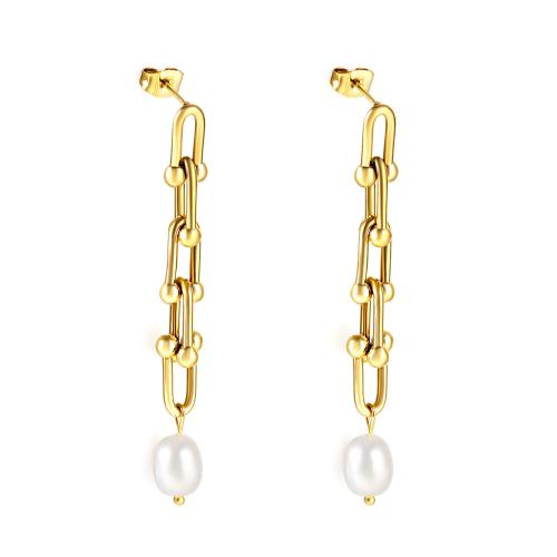 Stainless Steel Drop Earring, 304 Stainless Steel, with Plastic Pearl, Vacuum Ion Plating, fashion jewelry & for woman, more colors for choice, Sold By Pair