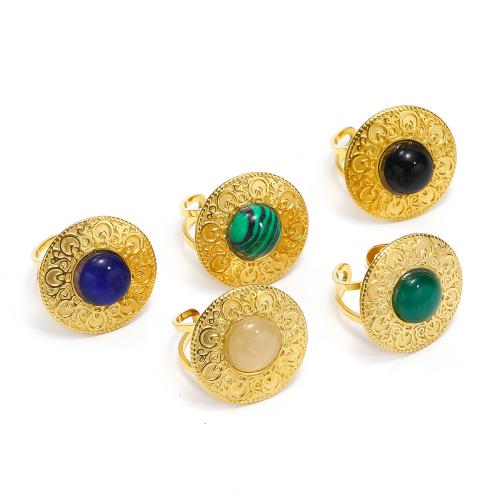 Anel de dedo de aço de partículas, Partículas de aço, with Pedra olho de gato & malaquitta, joias de moda & para mulher, dourado, vendido por PC