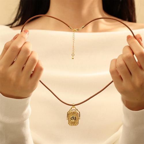 Brass Necklace, with leather cord, with 5CM extender chain, Rectangle, gold color plated, fashion jewelry & different designs for choice & for woman, more colors for choice, nickel, lead & cadmium free, 22x36mm, Length:50 cm, Sold By PC