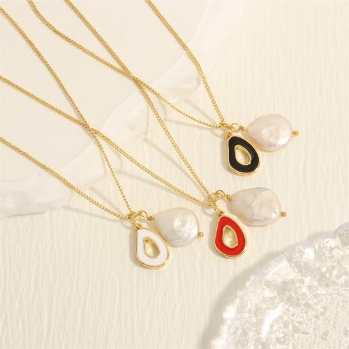 Brass Necklace with Freshwater Pearl with 5CM extender chain gold color plated fashion jewelry & for woman & enamel nickel lead & cadmium free Length 45 cm Sold By PC