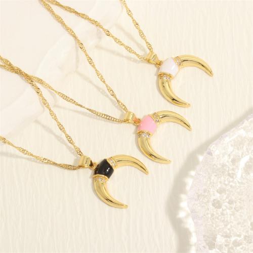 Brass Necklace with 5CM extender chain Moon gold color plated fashion jewelry & for woman & enamel & with rhinestone nickel lead & cadmium free Length 45 cm Sold By PC