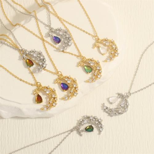 Messing Halskette, mit kubischer Zirkonia & Kristall, mit Verlängerungskettchen von 5CM, Mond, goldfarben plattiert, Modeschmuck & für Frau, keine, frei von Nickel, Blei & Kadmium, 27x20mm, Länge:40 cm, verkauft von PC