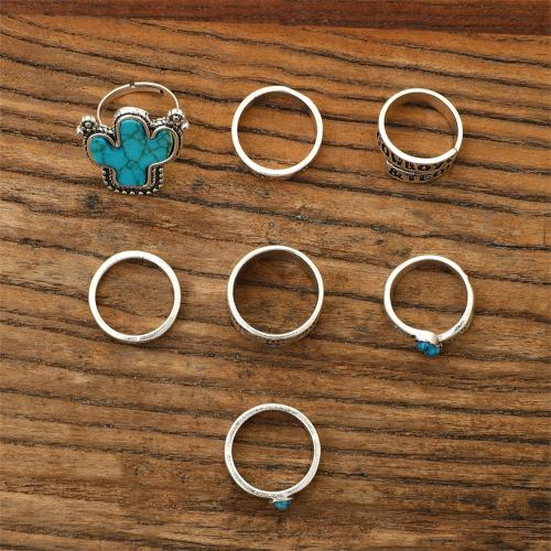 Cink Alloy Ring Set, Cink ötvözet, -val türkiz, 7 darab & divat ékszerek & a nő, nikkel, ólom és kadmium mentes, Által értékesített Set