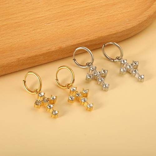 Huggie Hoop Drop Earring 304 Stainless Steel Cross plated fashion jewelry & for woman & with rhinestone nickel lead & cadmium free Sold By Pair