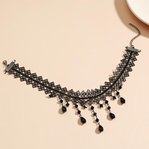 Collar Necklace, Lace, with Crystal & Tibetan Style, with 7cm extender chain, plated, fashion jewelry & for woman, black, Length:Approx 32 cm, Sold By PC