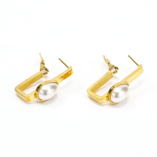 Titanium Staal Earring, met Plastic Pearl, mode sieraden & voor vrouw, goud, nikkel, lood en cadmium vrij, 26x17mm, Verkocht door pair