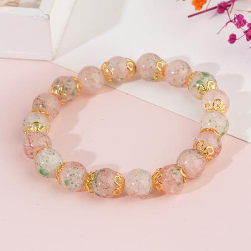 Bracelet de perles de verre, laiton, avec verre, vernis au four, unisexe, rose, Longueur:Environ 18 cm, Vendu par PC