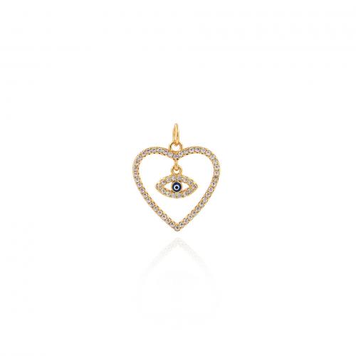 Evil Eye Pendants, Brass, Heart, 18K gold plated, fashion jewelry & DIY & micro pave cubic zirconia & enamel & hollow, nickel, lead & cadmium free, 19.30x22.50x2mm, Sold By PC