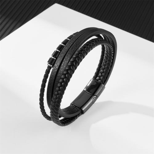 PU Leather Cord Bracelets 304 Stainless Steel with Microfiber PU & Split Layer Cowhide Leather handmade fashion jewelry & multilayer & for man black nickel lead & cadmium free Sold By PC