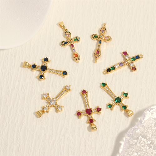 Cubic Zirconia Micro Pave Brass Pendant Cross gold color plated DIY & micro pave cubic zirconia & 1/1 loop nickel lead & cadmium free Sold By PC