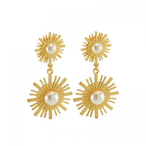 Stainless Steel Drop Earring 304 Stainless Steel with Plastic Pearl Flower 18K gold plated fashion jewelry & for woman nickel lead & cadmium free Sold By Pair