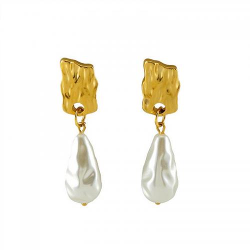 Edelstahl Ohrringe, 304 Edelstahl, mit Kunststoff Perlen, Tropfen, 18K vergoldet, Modeschmuck & für Frau, frei von Nickel, Blei & Kadmium, 47x11mm, verkauft von Paar