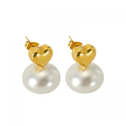 Stainless Steel Stud Earrings, 304 Stainless Steel, with Plastic Pearl, Heart, 18K gold plated, fashion jewelry & for woman, nickel, lead & cadmium free, 21x16mm, Sold By Pair
