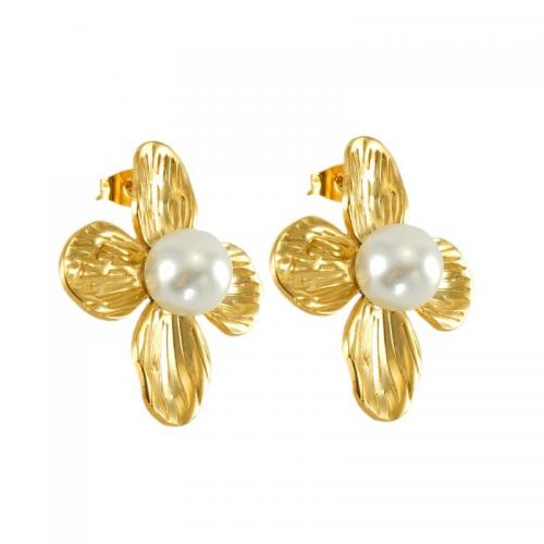 Stainless Steel Stud Earrings, 304 Stainless Steel, with Plastic Pearl, Flower, 18K gold plated, fashion jewelry & for woman, nickel, lead & cadmium free, 33x30mm, Sold By Pair