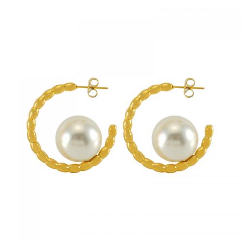 Edelstahl Ohrringe, 304 Edelstahl, mit Kunststoff Perlen, 18K vergoldet, Modeschmuck & für Frau, frei von Nickel, Blei & Kadmium, 31x31mm, verkauft von Paar
