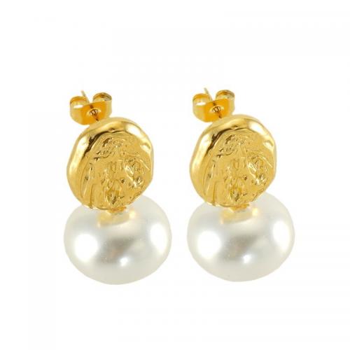 Edelstahl Ohrringe, 304 Edelstahl, mit Kunststoff Perlen, 18K vergoldet, Modeschmuck & für Frau, frei von Nickel, Blei & Kadmium, 28x16mm, verkauft von Paar