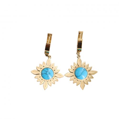 Titanium Steel Huggie Hoop Drop Earring with turquoise Flower gold color plated vintage & for woman Sold By Pair