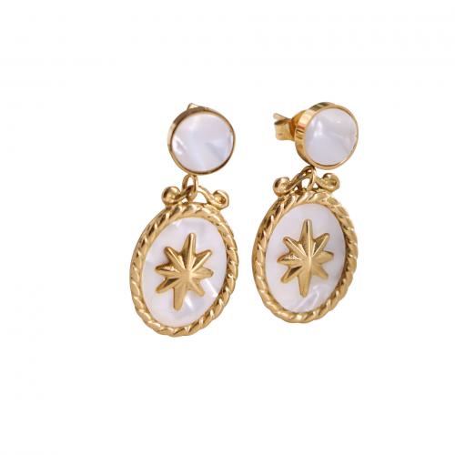 Titanium Steel Drop Earring with White Shell Oval gold color plated vintage & for woman Sold By Pair