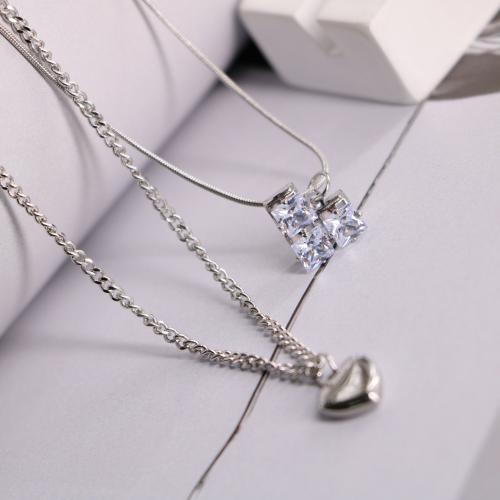 Titanium Steel Necklace with 2inch extender chain Heart Double Layer & micro pave cubic zirconia & for woman original color Length Approx 16.5 Inch Sold By PC