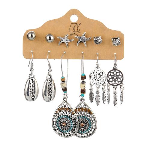 Zinc Alloy Earring Set with turquoise & Plastic Pearl antique silver color plated Bohemian style & for woman earring length 10-70mm Sold By Set
