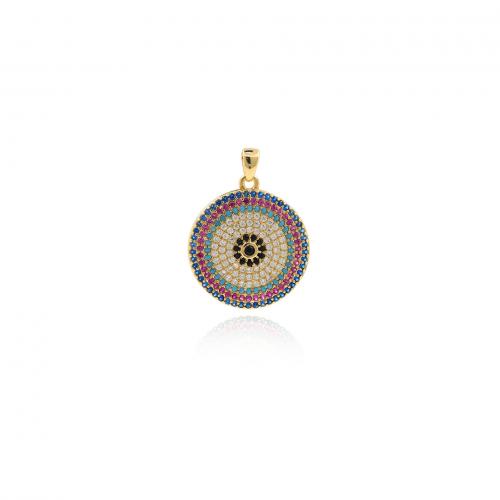 Evil Eye Pendants, Brass, Flat Round, 18K gold plated, fashion jewelry & DIY & micro pave cubic zirconia, mixed colors, nickel, lead & cadmium free, 26x19.50x3.50mm, Sold By PC
