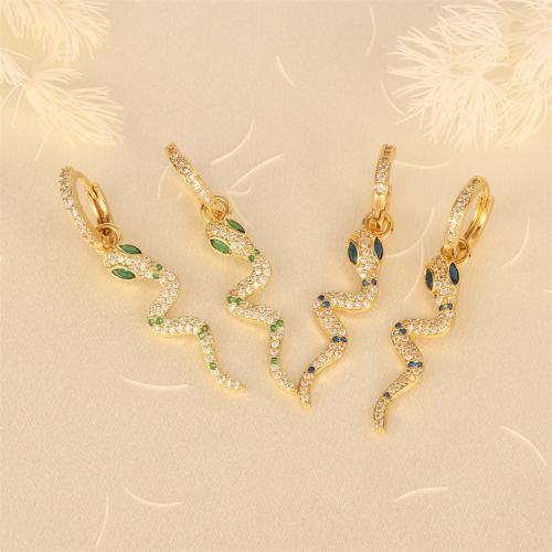 Cubic Zirconia Micro Pave Brass Earring Snake gold color plated micro pave cubic zirconia & for woman nickel lead & cadmium free Sold By Pair