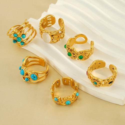 Stainless Steel Finger Ring 304 Stainless Steel with turquoise 18K gold plated fashion jewelry & for woman Sold By PC