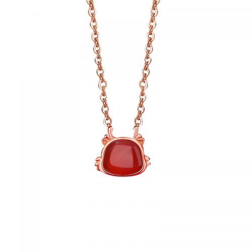 925 Sterling Silver Necklaces, with Red Agate, with 5CM extender chain, plated, for woman, rose gold color, Length:Approx 40 cm, Sold By PC