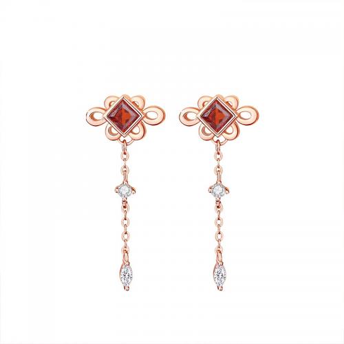 Cubic Zirconia Micro Pave Sterling Silver Earring, 925 Sterling Silver, plated, micro pave cubic zirconia & for woman, rose gold color, Chinese knot size: 18.89x8.83mm, tassel length 35mm, Sold By Pair