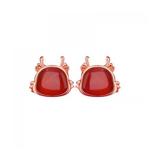 925 Sterling Silver Stud Earrings, with Red Agate, plated, for woman, rose gold color, 9.65x10.25mm, Sold By Pair