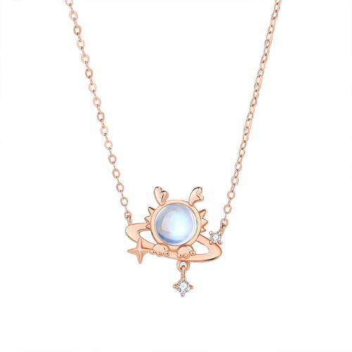 Cubic Zircon Micro Pave 925 Sterling Silver Necklace, with Moonstone, with 5CM extender chain, plated, micro pave cubic zirconia & for woman, rose gold color, Length:Approx 40 cm, Sold By PC