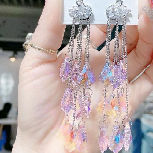 Brass Tassel Earring, with Crystal, Swan, platinum color plated, fashion jewelry & for woman, 135mm, Sold By Pair