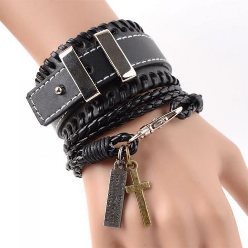 cuir PU bracelet, avec alliage de zinc, Placage, multicouche & le style de punk & unisexe, noire, 195x40mm, Vendu par PC