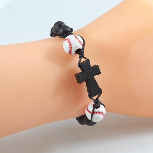 Fashion Create Wax Cord Bracelets, with Wood, Football, handmade, fashion jewelry & Unisex & adjustable, black, 14mm, Length:Approx 17-27 cm, Sold By PC